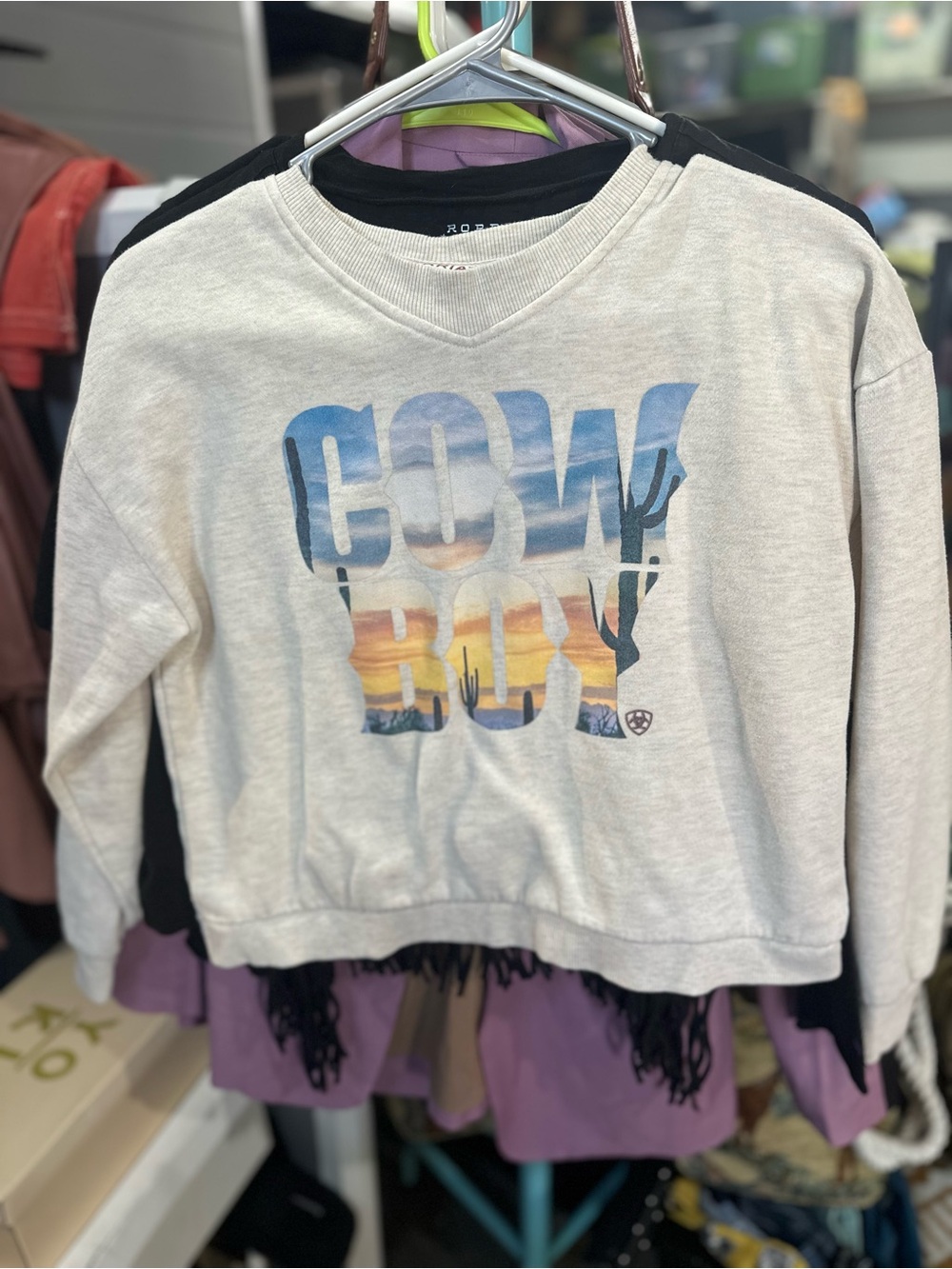 Ariat Cream Sweatshirt with Sunset 'COWBOY' Graphic